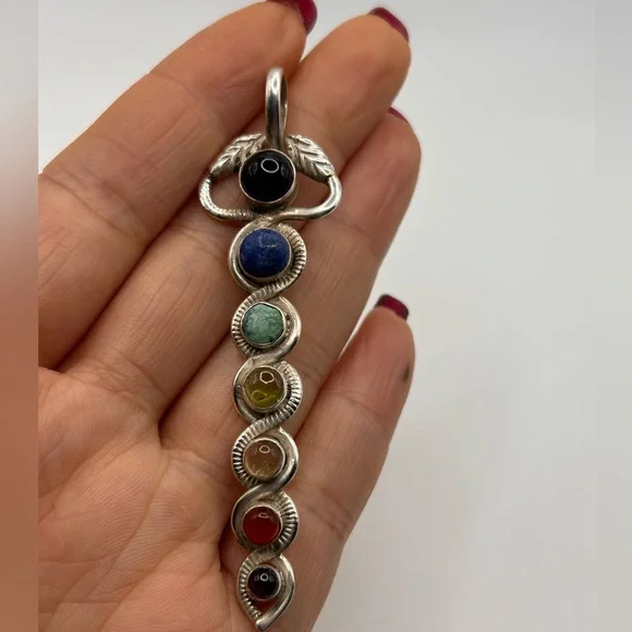 Multi-Gemstones Sterling Silver 925 Long Pendant Turquoise, Amethyst, Lapis... - Picture 5 of 6